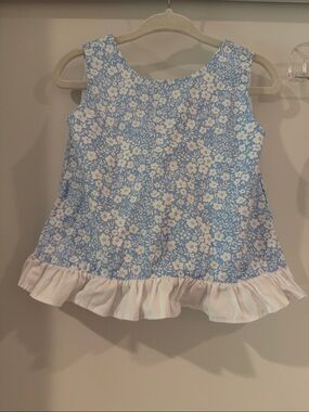 Girls' Light Blue Floral Tank Top with White Ruffle Hem